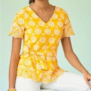 Talbots Shirt Womens 8P Yellow Floral Cotton Peplum Embroidered Eyelet Coastal